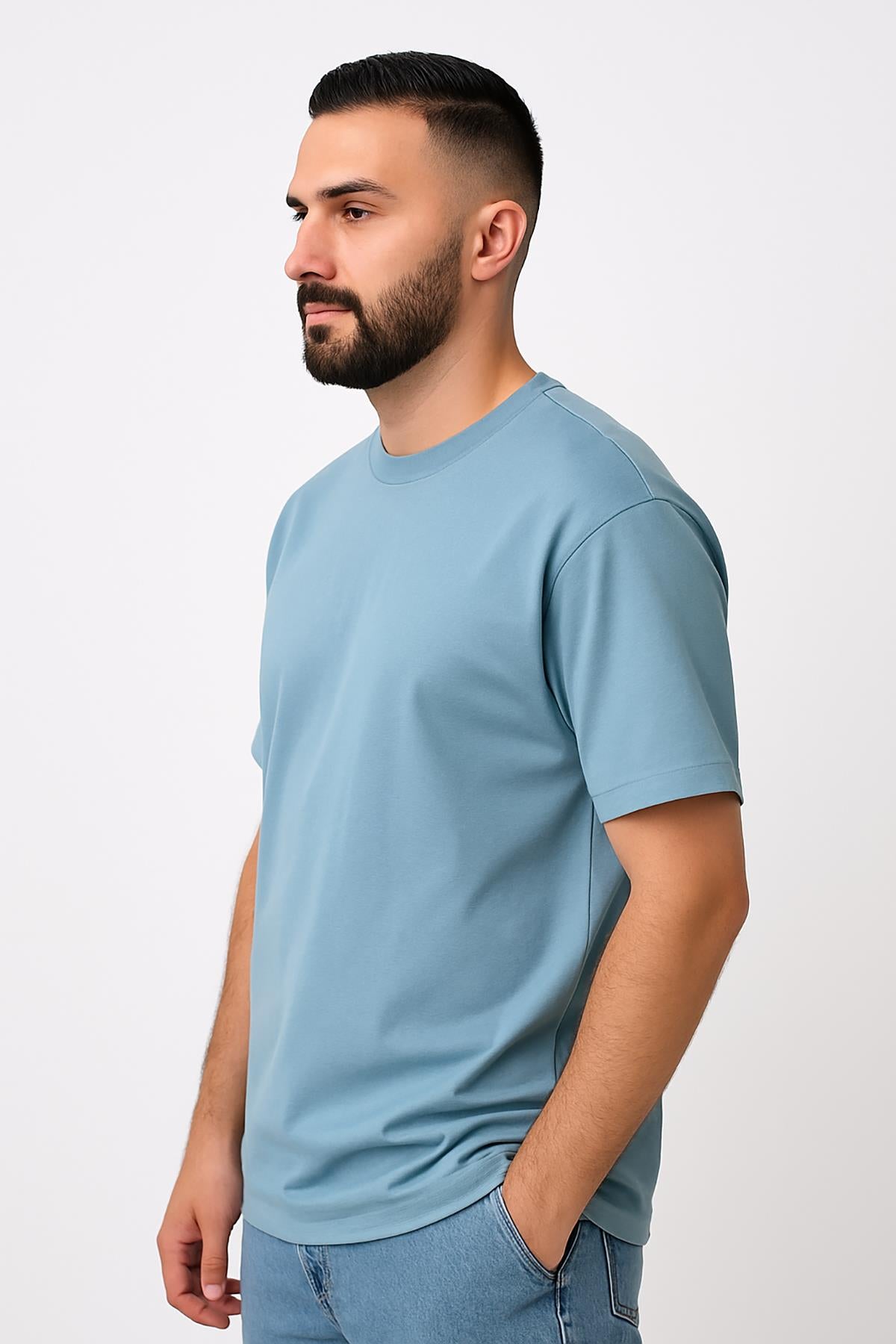 Erkek Oversize Tshirt (Bol Kalıp) Premium Kalite Düz Model - Mavi