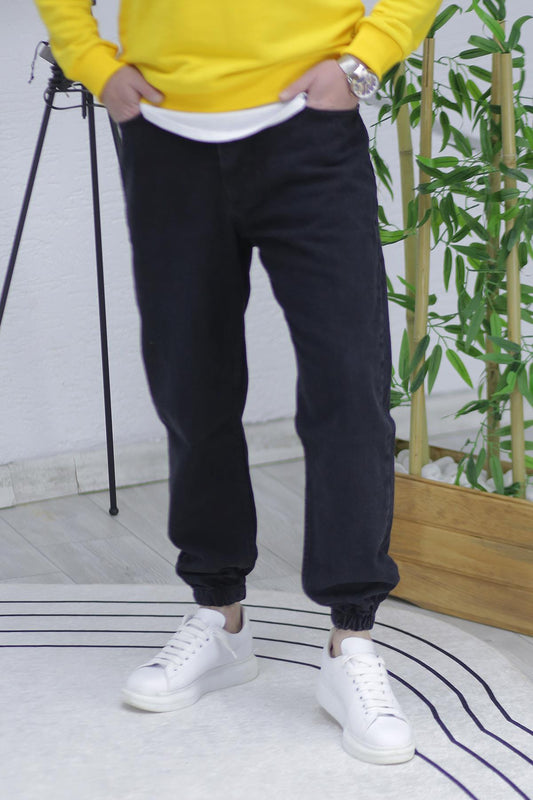 Erkek Paçası Lastikli Boyfriend Kot Pantalon 656 - Siyah