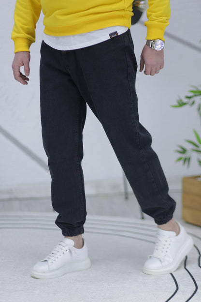 Erkek Paçası Lastikli Boyfriend Kot Pantalon 656 - Siyah