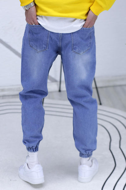 Erkek Paçası Lastikli Boyfriend Kot Pantalon 656 - Mavi
