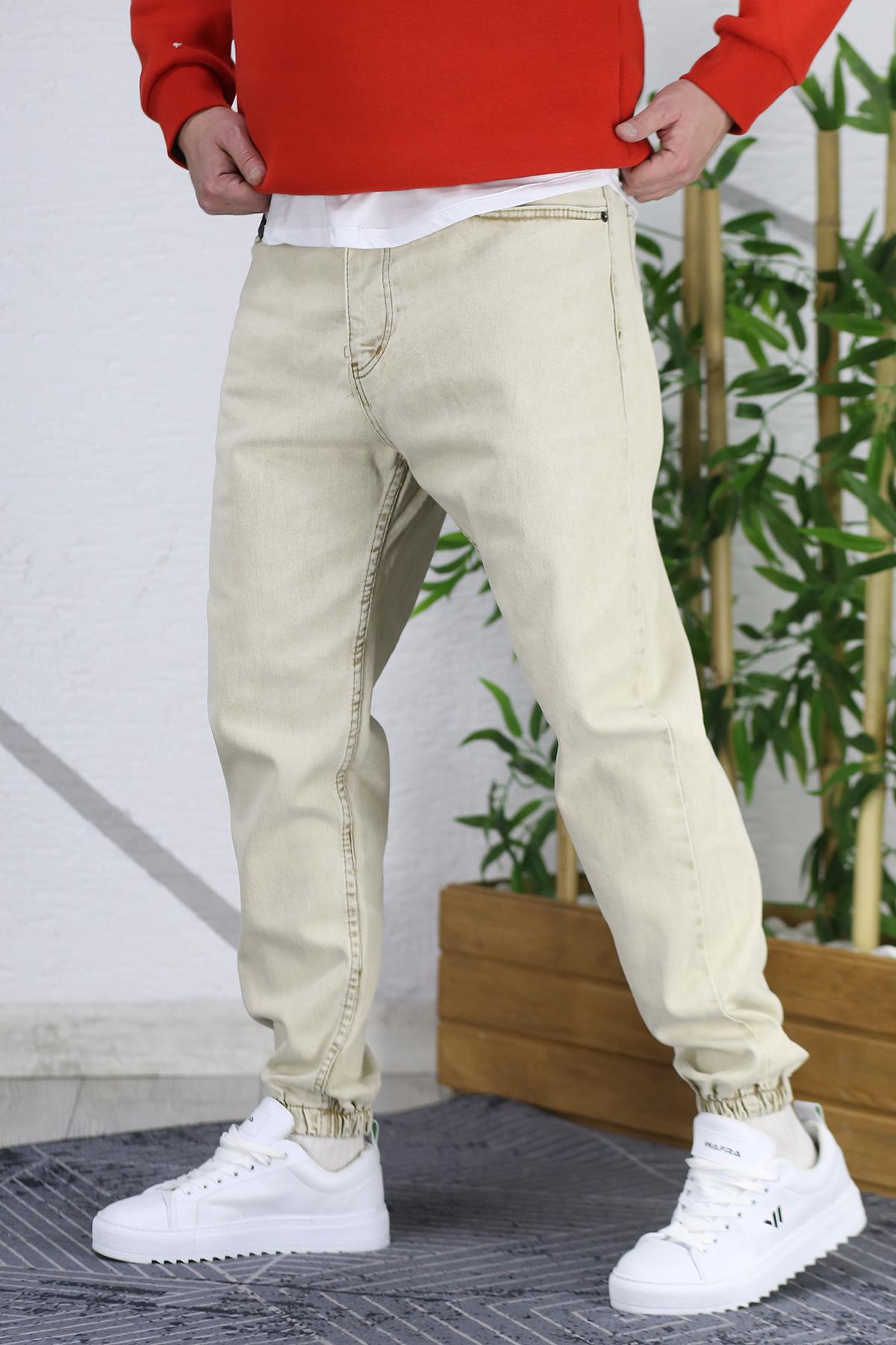 Erkek Paçası Lastikli Boyfriend Kot Pantalon 656 - Bej