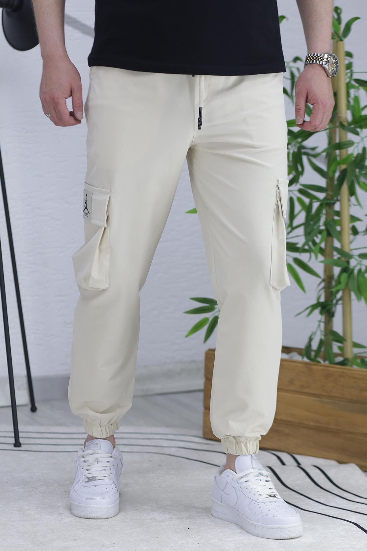 Erkek Paçası Lastikli Cep Detaylı Kargo Pantolon 13 - Bej