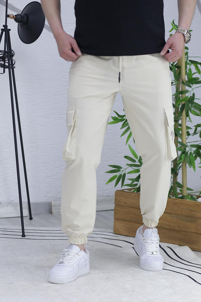 Erkek Paçası Lastikli Cep Detaylı Kargo Pantolon 13 - Bej