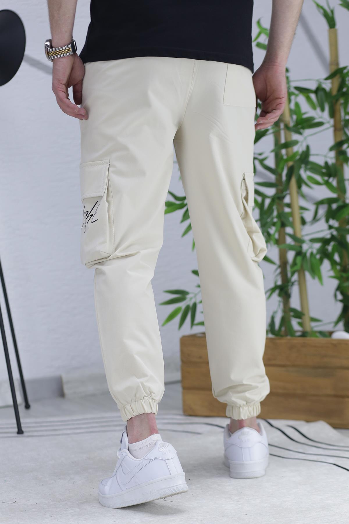 Erkek Paçası Lastikli Cep Detaylı Kargo Pantolon 13 - Bej