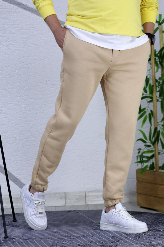 Erkek paçası lastikli Şardonlu Üç İplik Eşofman Altı Süper Kalite - Bej