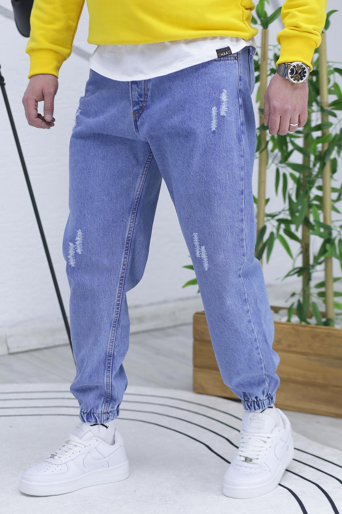 Erkek Paçası Lastikli Tırnaklı Boyfiren Kot Pnt. 646 - Mavi