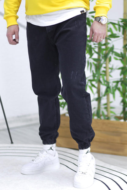 Erkek Paçası Lastikli Tırnaklı Boyfiren Kot Pnt. 646 - Siyah