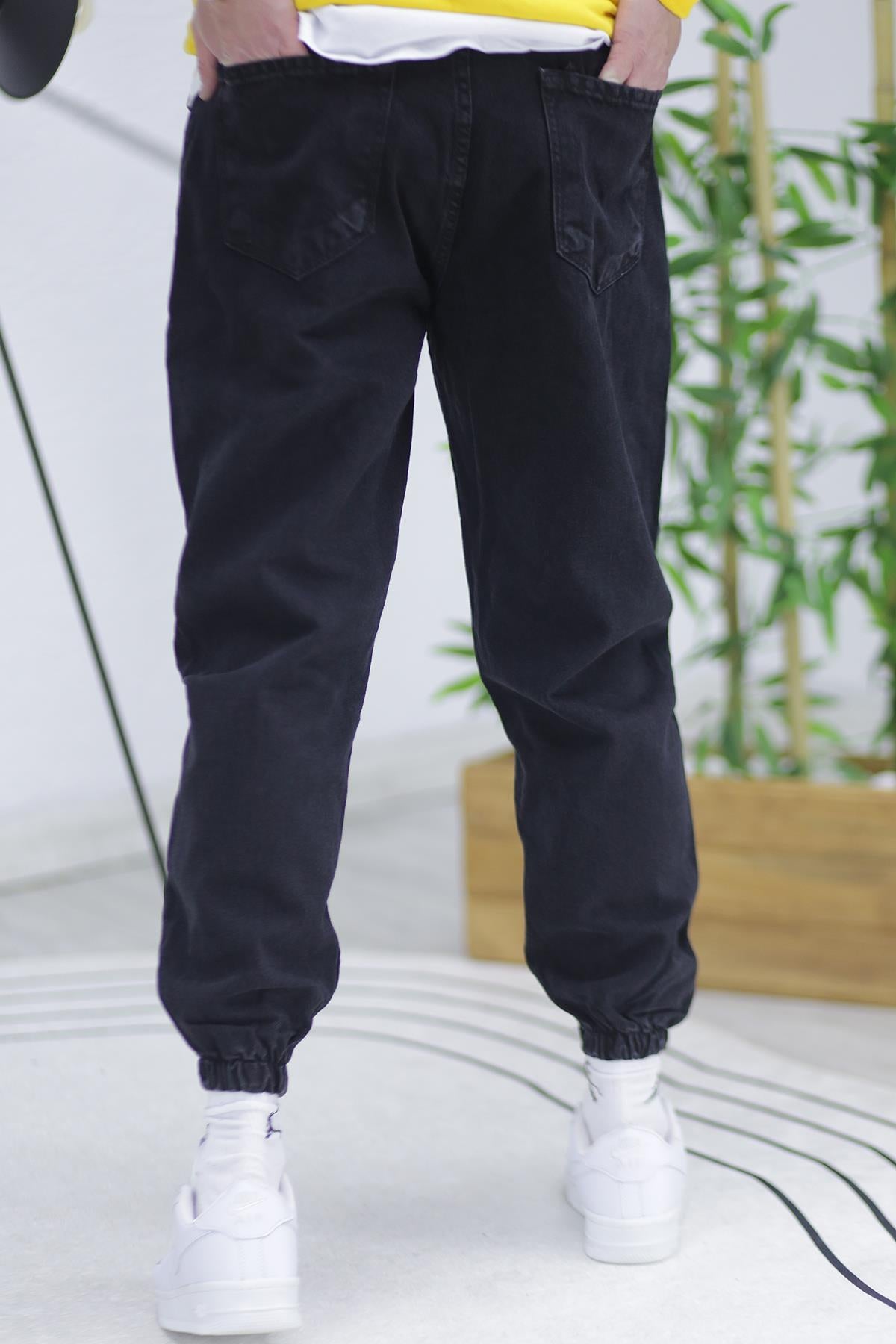 Erkek Paçası Lastikli Tırnaklı Boyfiren Kot Pnt. 646 - Siyah