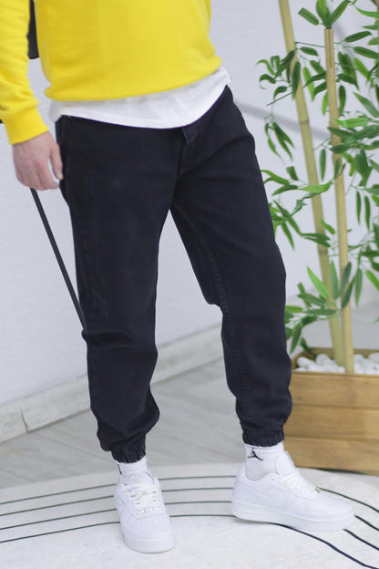 Erkek Paçası Lastikli Tırnaklı Boyfiren Kot Pnt. 646 - Siyah