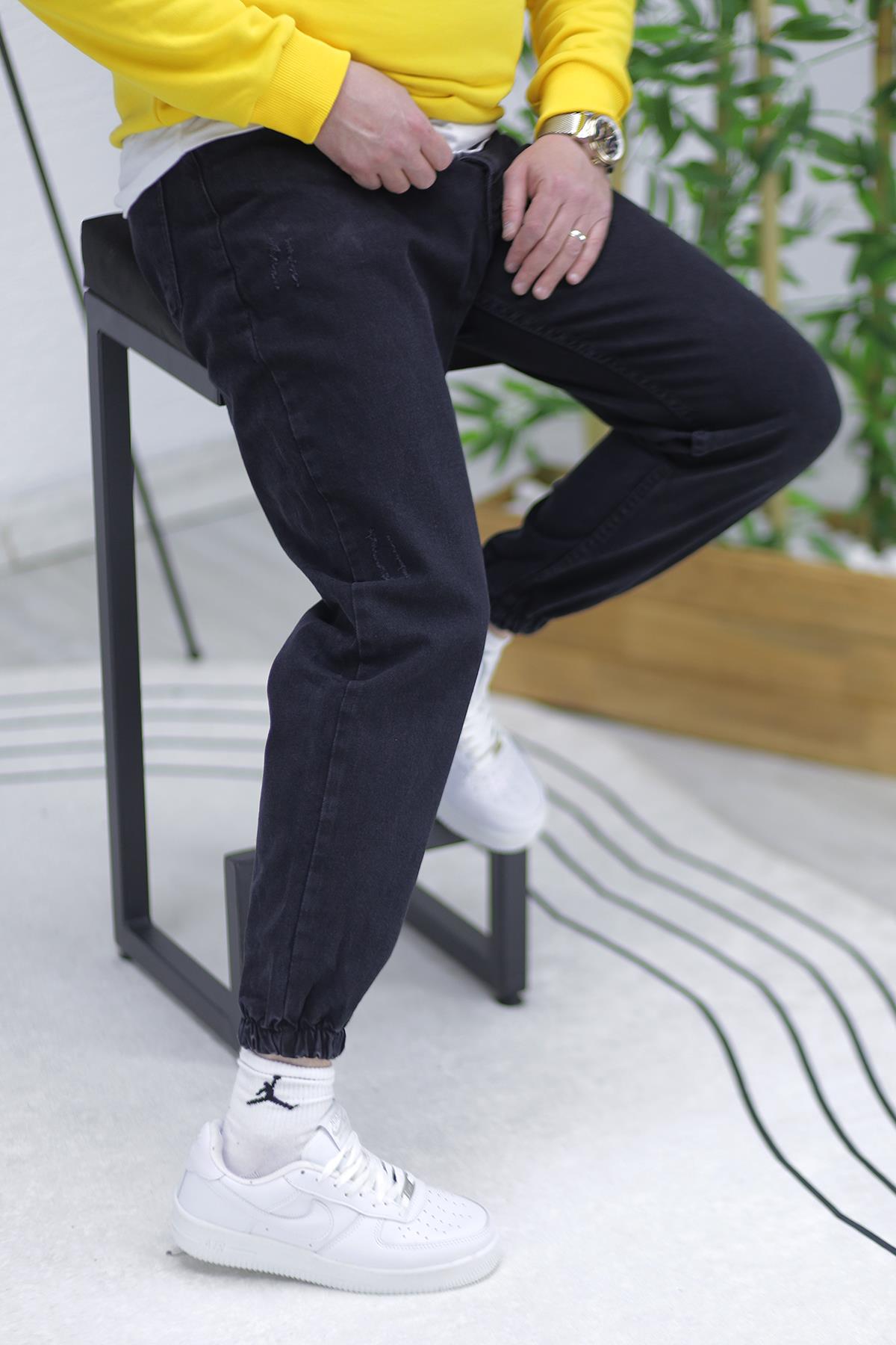 Erkek Paçası Lastikli Tırnaklı Boyfiren Kot Pnt. 646 - Siyah