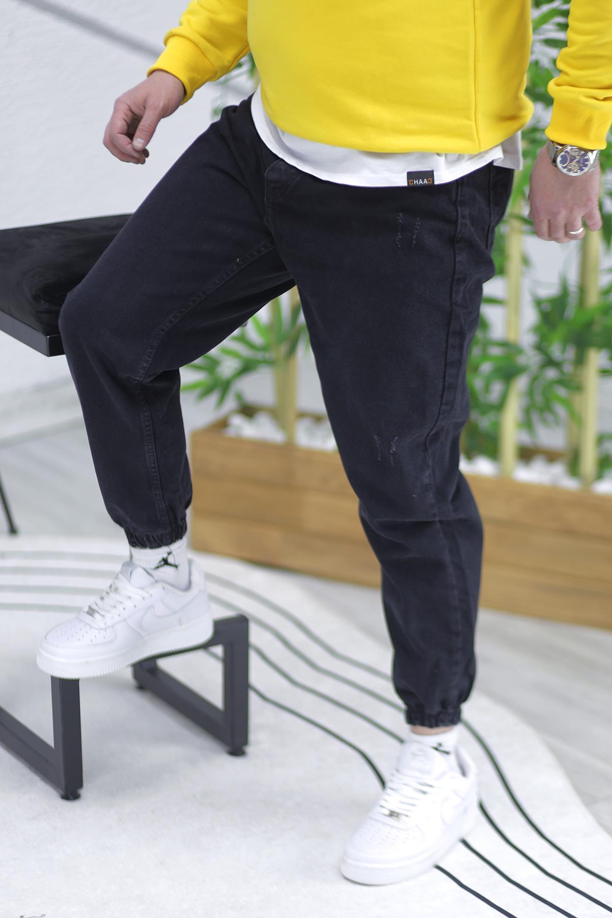 Erkek Paçası Lastikli Tırnaklı Boyfiren Kot Pnt. 646 - Siyah