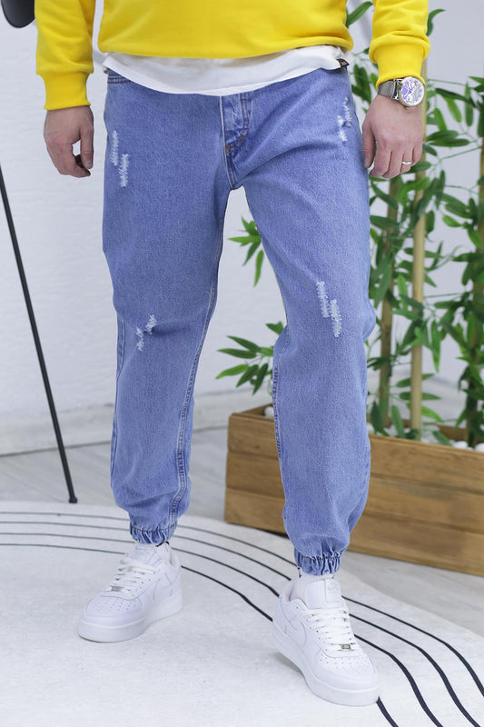 Erkek Paçası Lastikli Tırnaklı Boyfiren Kot Pnt. 646 - Mavi