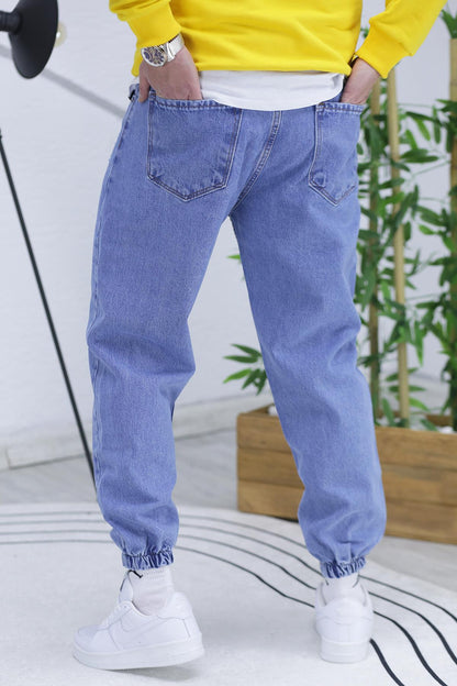Erkek Paçası Lastikli Tırnaklı Boyfiren Kot Pnt. 646 - Mavi