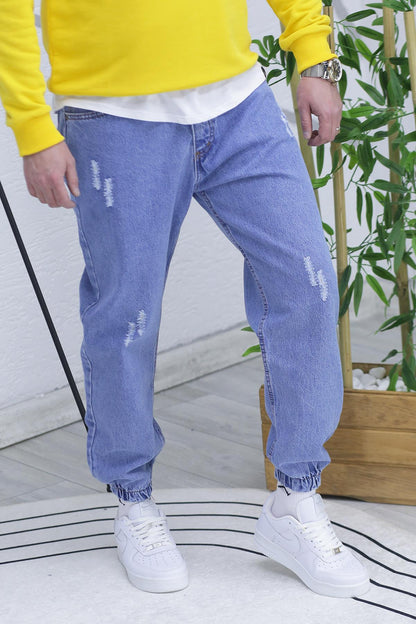 Erkek Paçası Lastikli Tırnaklı Boyfiren Kot Pnt. 646 - Mavi