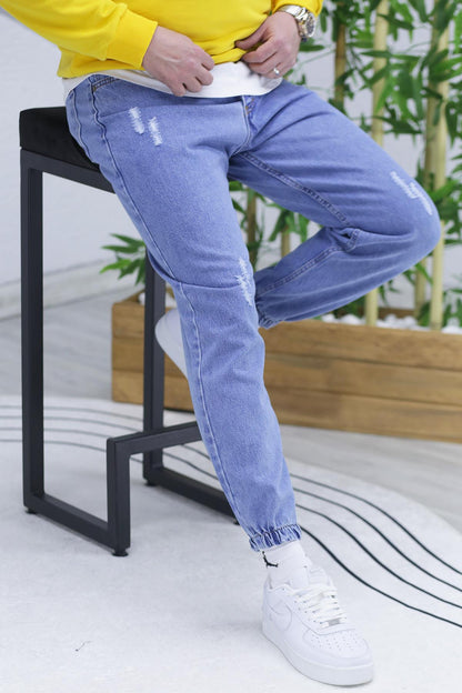 Erkek Paçası Lastikli Tırnaklı Boyfiren Kot Pnt. 646 - Mavi