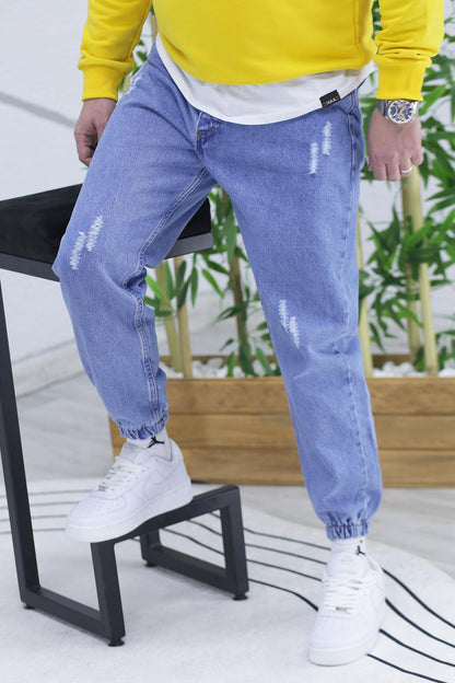 Erkek Paçası Lastikli Tırnaklı Boyfiren Kot Pnt. 646 - Mavi