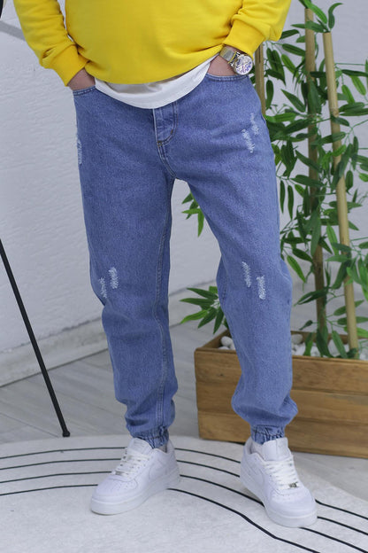 Erkek Paçası Lastikli Tırnaklı Boyfiren Kot Pnt. 646 - Buz Mavi