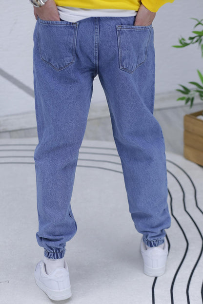 Erkek Paçası Lastikli Tırnaklı Boyfiren Kot Pnt. 646 - Buz Mavi