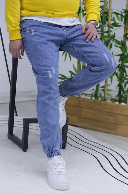 Erkek Paçası Lastikli Tırnaklı Boyfiren Kot Pnt. 646 - Buz Mavi