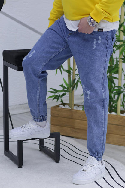 Erkek Paçası Lastikli Tırnaklı Boyfiren Kot Pnt. 646 - Buz Mavi