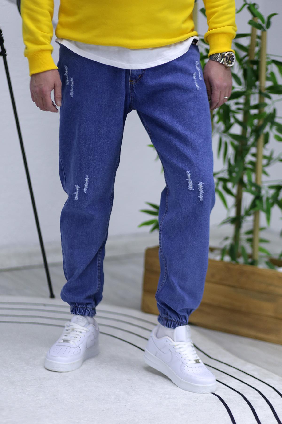 Erkek Paçası Lastikli Tırnaklı Boyfiren Kot Pnt. 646 - Koyu Mavi