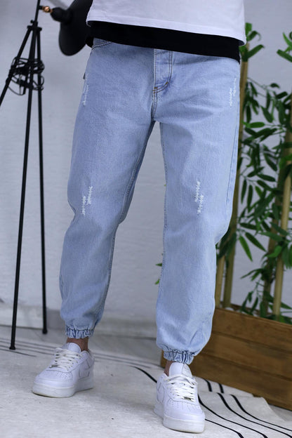 Erkek Paçası Lastikli Tırnaklı Boyfiren Kot Pnt. 646 - Açık Mavi
