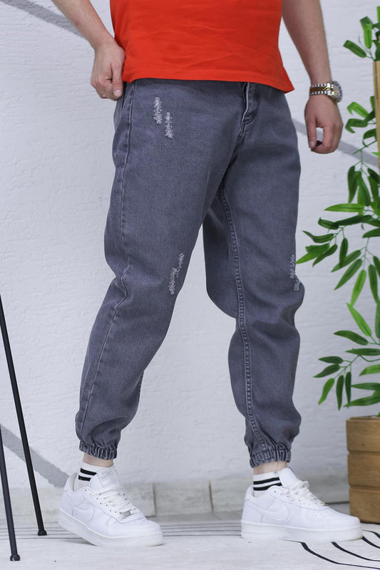 Erkek Paçası Lastikli Tırnaklı Boyfiren Kot Pnt. 646 - Füme