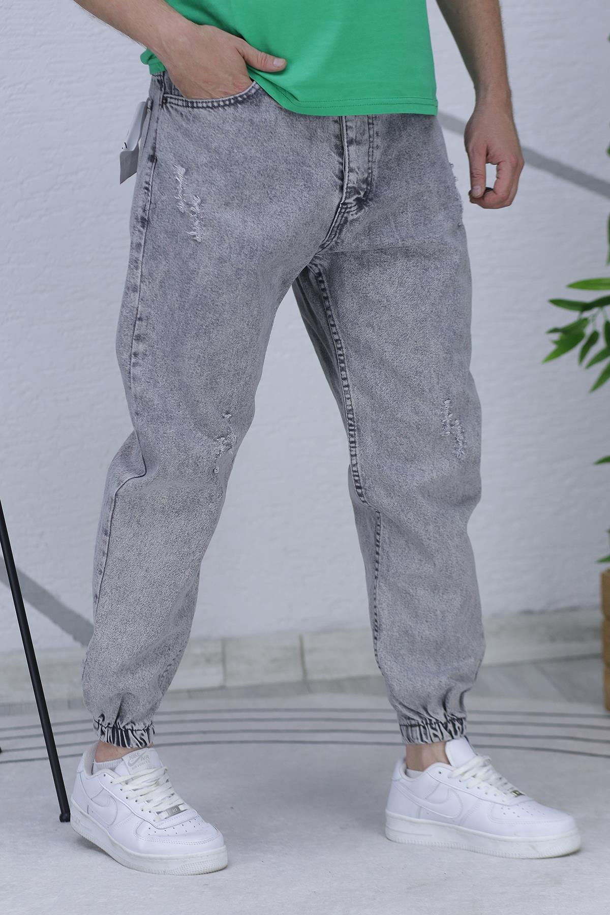 Erkek Paçası Lastikli Tırnaklı Boyfiren Kot Pnt. 646 - Gri