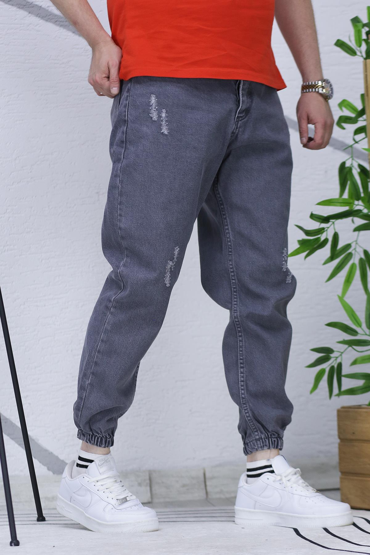 Erkek Paçası Lastikli Tırnaklı Boyfiren Kot Pnt. 646 - Füme