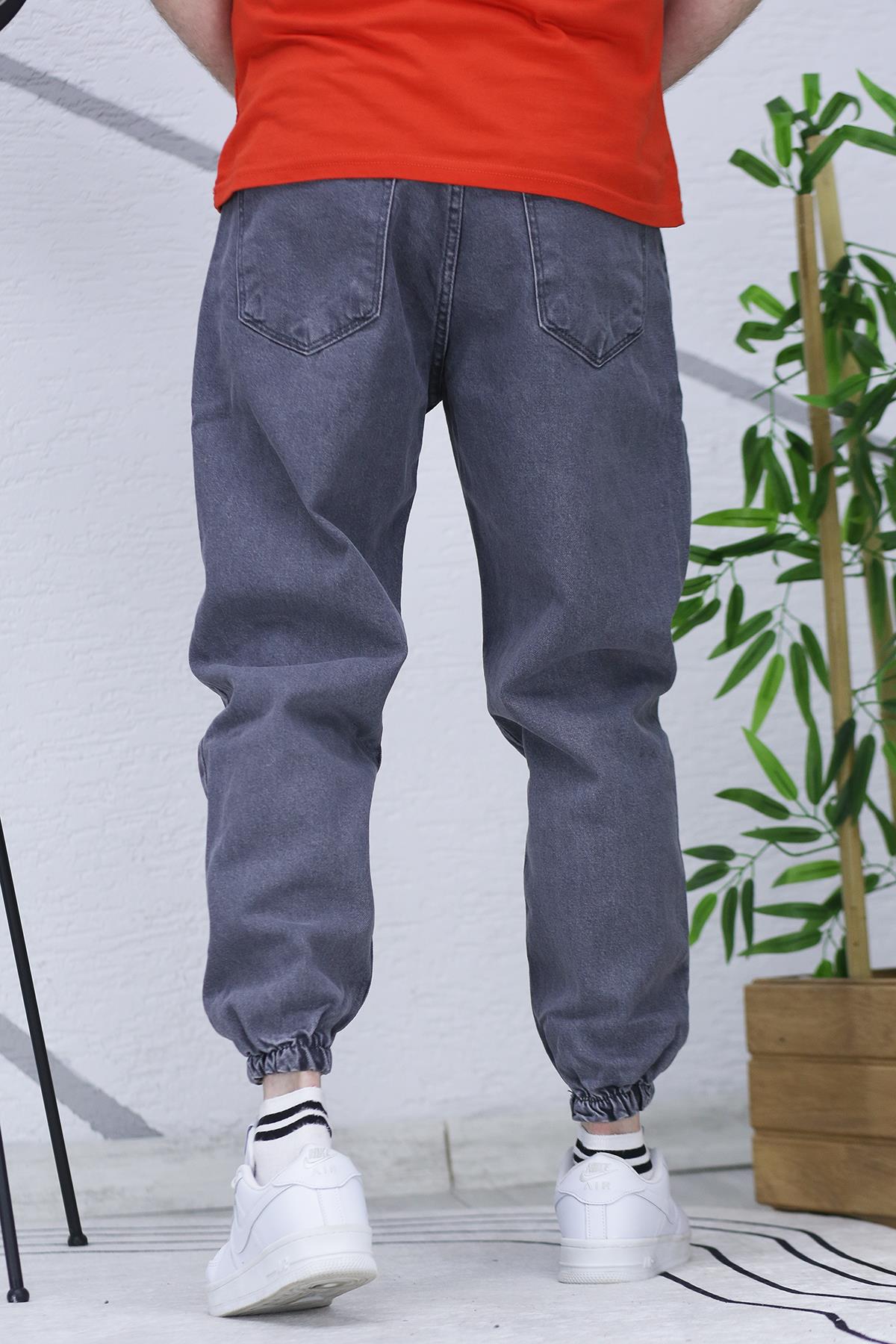 Erkek Paçası Lastikli Tırnaklı Boyfiren Kot Pnt. 646 - Füme