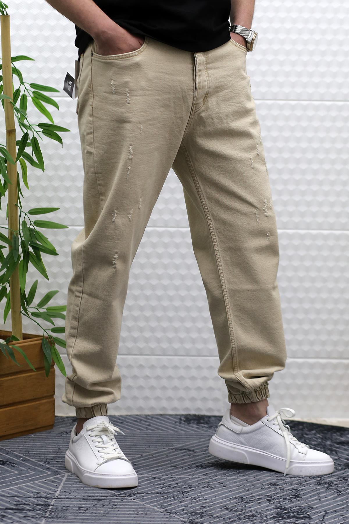 Erkek Paçası Lastikli Tırnaklı Boyfiren Kot Pnt. 646 - Bej