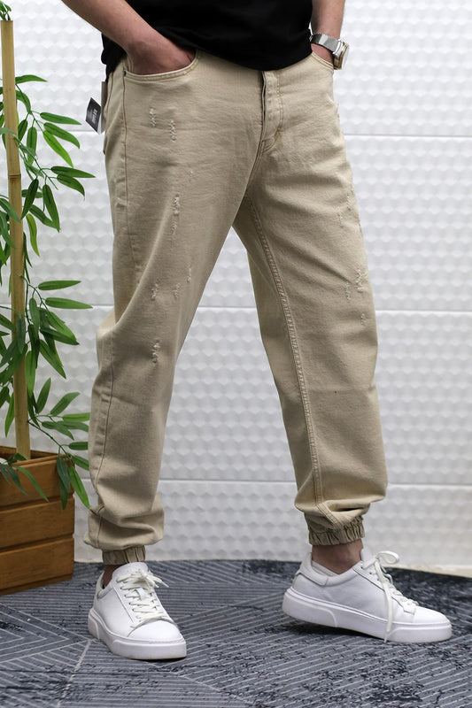 Erkek Paçası Lastikli Tırnaklı Boyfiren Kot Pnt. 646 - Bej