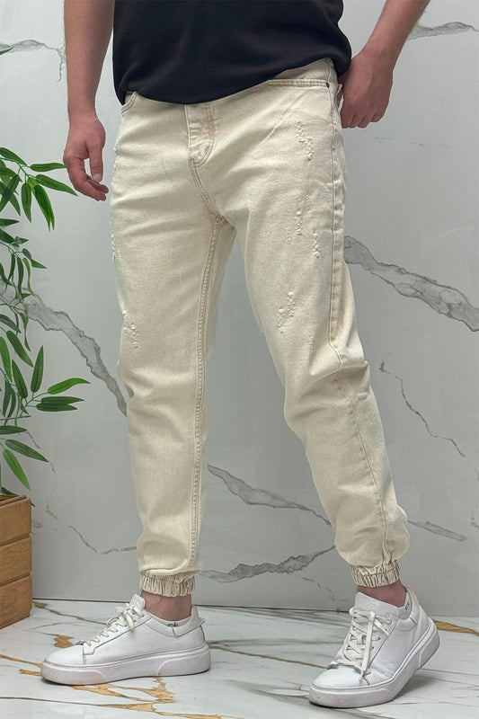 Erkek Paçası Lastikli Tırnaklı Boyfiren Kot Pnt. 646 - Bej