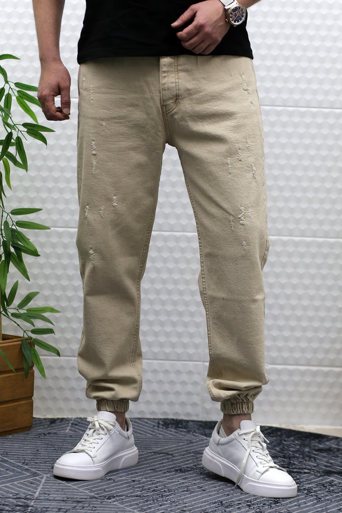 Erkek Paçası Lastikli Tırnaklı Boyfiren Kot Pnt. 646 - Bej
