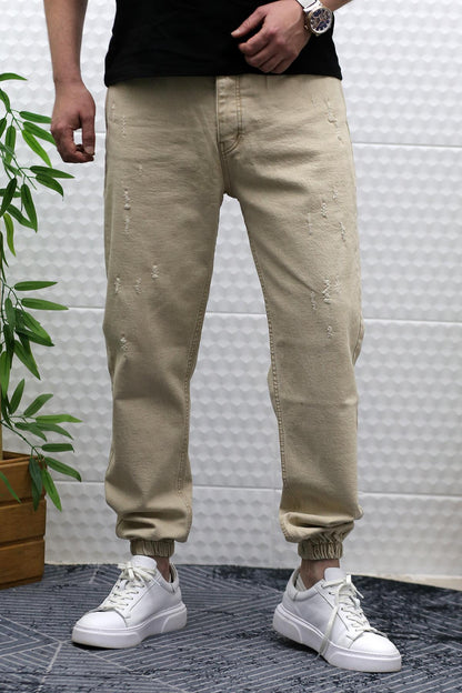 Erkek Paçası Lastikli Tırnaklı Boyfiren Kot Pnt. 646 - Bej