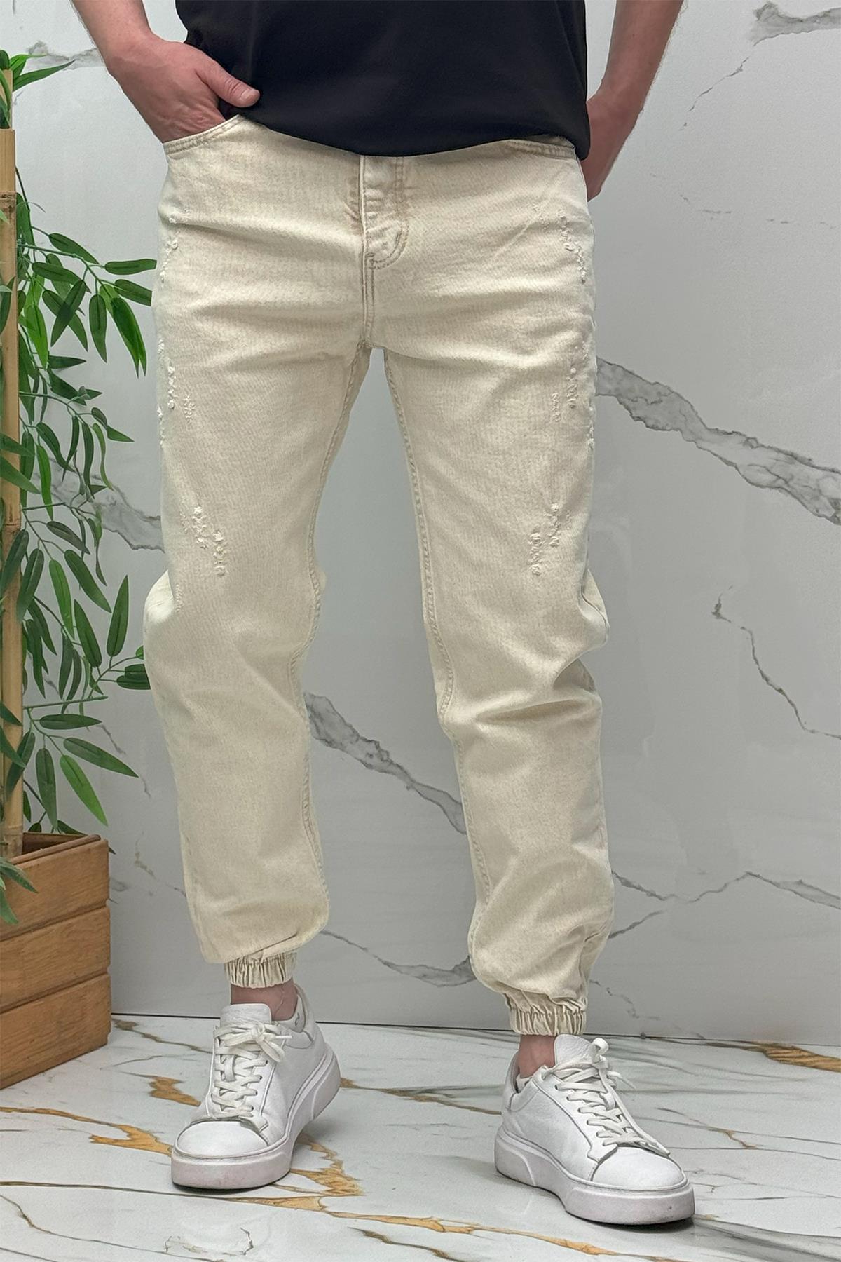 Erkek Paçası Lastikli Tırnaklı Boyfiren Kot Pnt. 646 - Bej