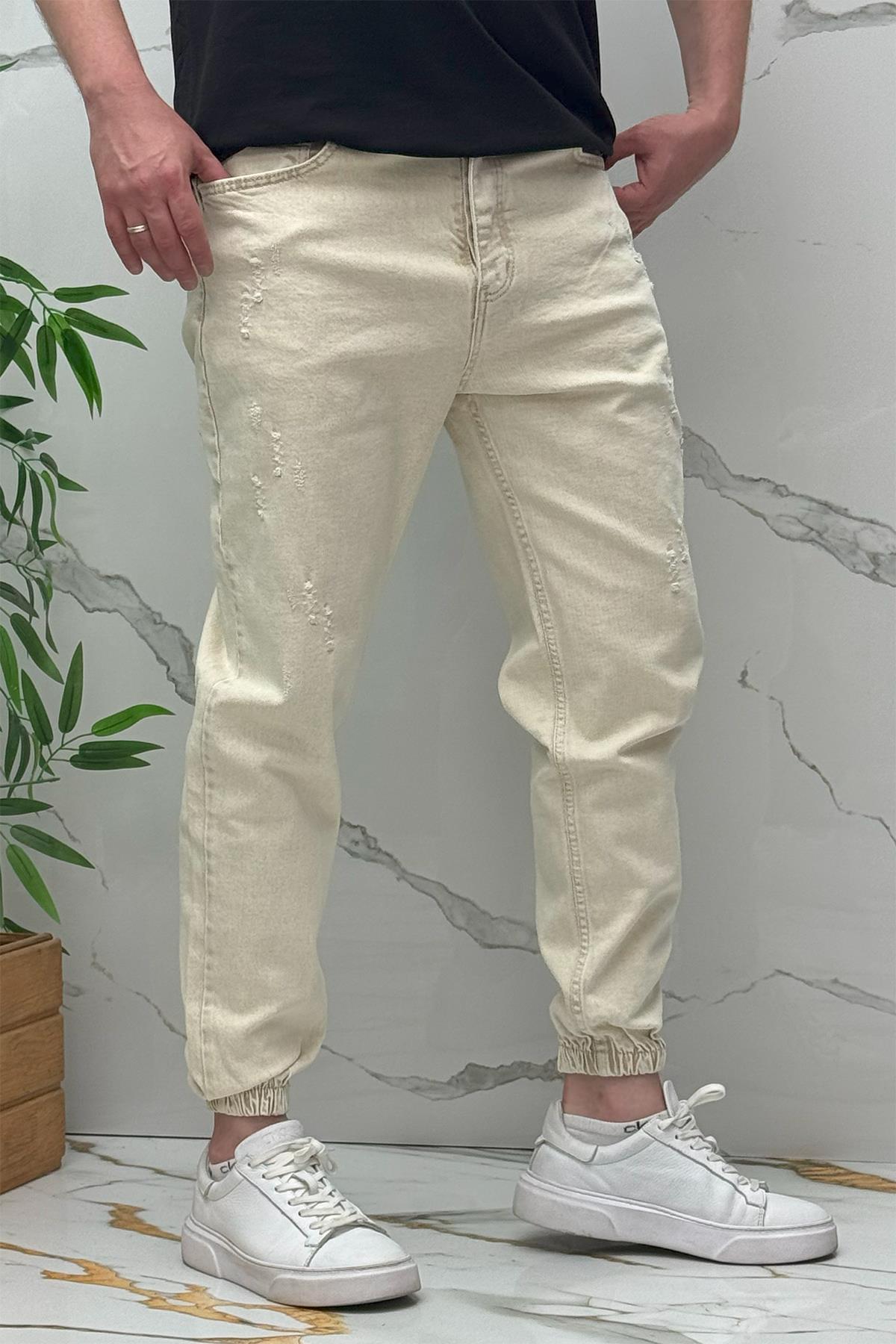 Erkek Paçası Lastikli Tırnaklı Boyfiren Kot Pnt. 646 - Bej