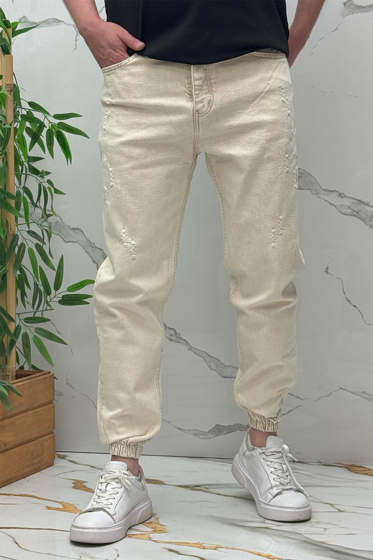 Erkek Paçası Lastikli Tırnaklı Boyfiren Kot Pnt. 646 - Bej