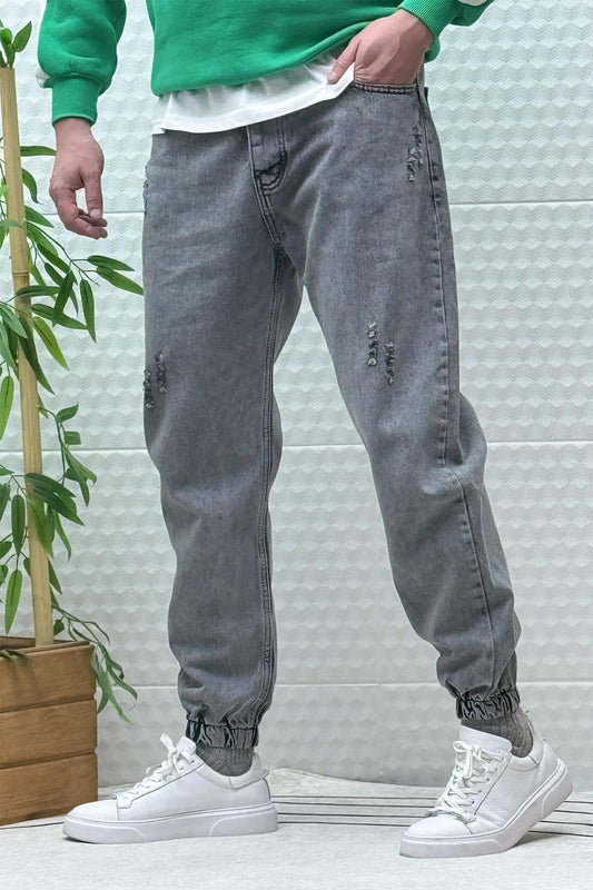 Erkek Paçası Lastikli Tırnaklı Boyfiren Kot Pnt. 646 - Koyu Gri