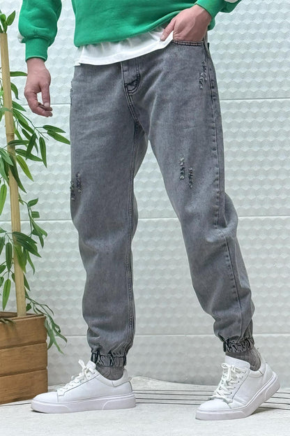 Erkek Paçası Lastikli Tırnaklı Boyfiren Kot Pnt. 646 - Koyu Gri