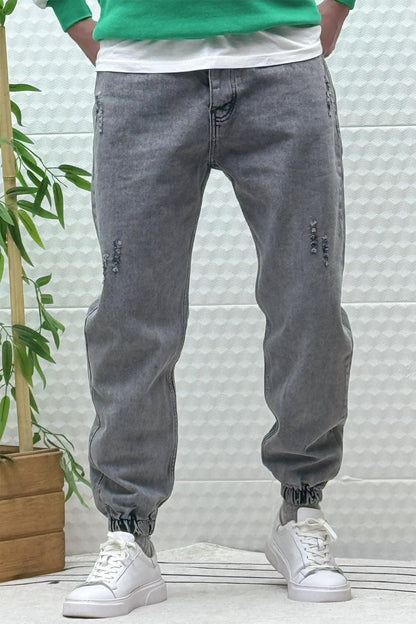 Erkek Paçası Lastikli Tırnaklı Boyfiren Kot Pnt. 646 - Koyu Gri
