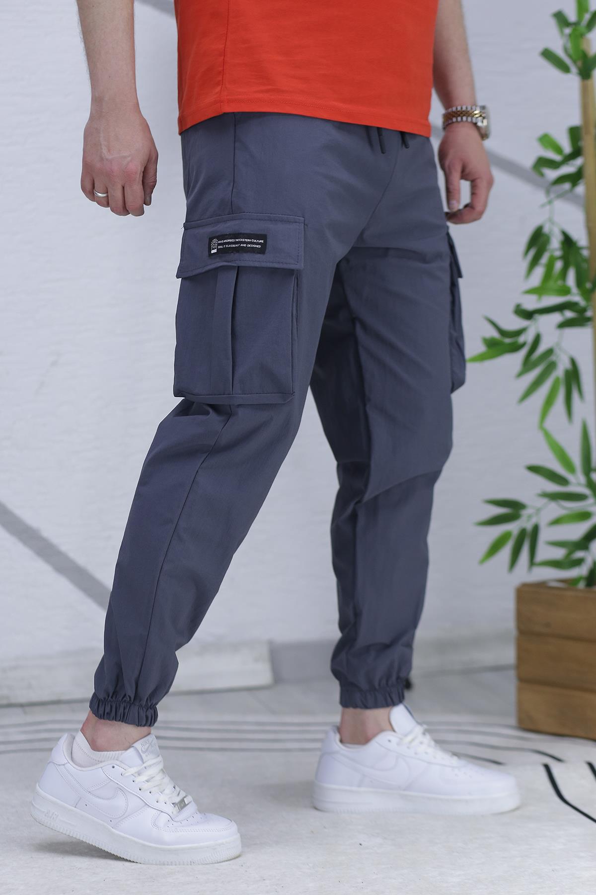 Erkek Paraşüt Çift Cepli Kargo Pantolon - Füme