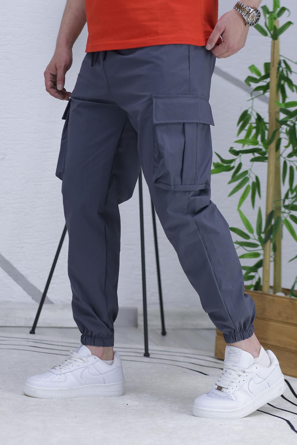 Erkek Paraşüt Çift Cepli Kargo Pantolon - Füme