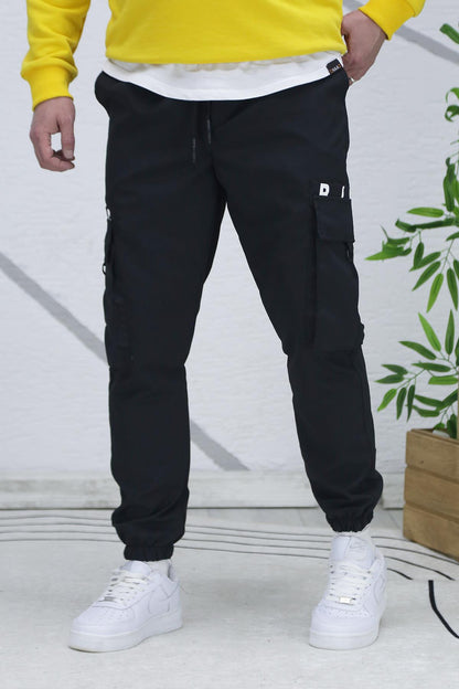 Erkek Paraşüt Jogger Paçası Lastikli Pantolon (DAR KESİM) - Siyah