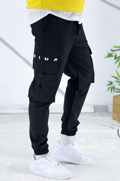 Erkek Paraşüt Jogger Paçası Lastikli Pantolon (DAR KESİM) - Siyah