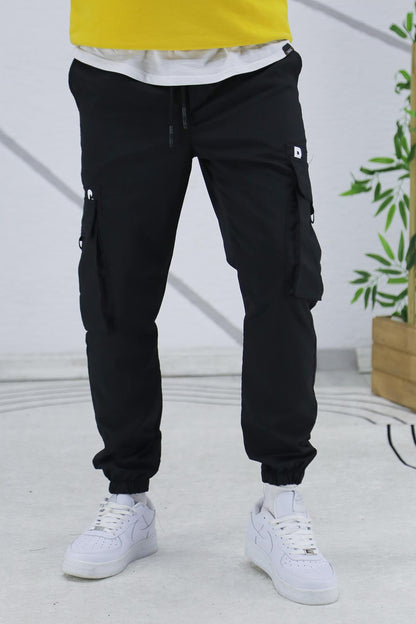 Erkek Paraşüt Jogger Paçası Lastikli Pantolon (DAR KESİM) - Siyah