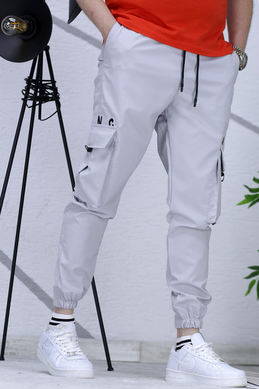 Erkek Paraşüt Jogger Paçası Lastikli Pantolon (DAR KESİM) - Gri