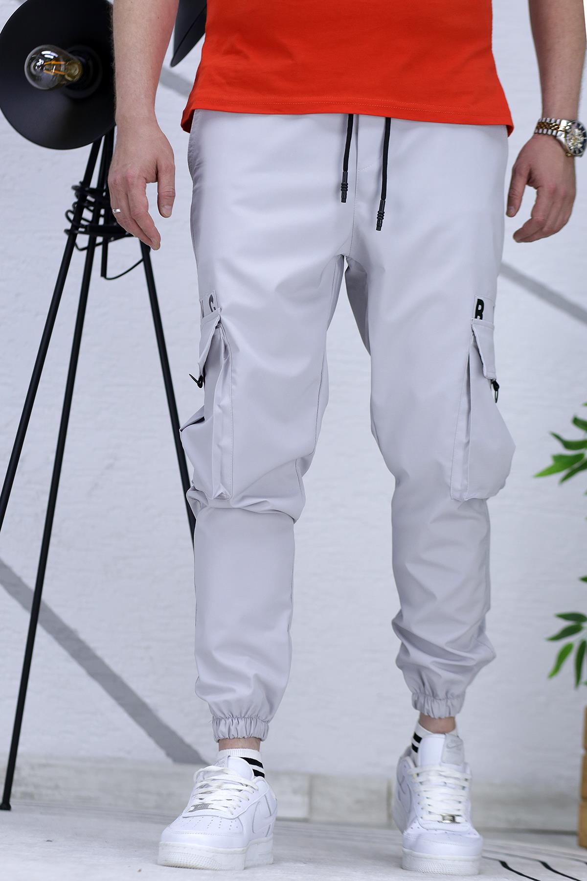 Erkek Paraşüt Jogger Paçası Lastikli Pantolon (DAR KESİM) - Gri