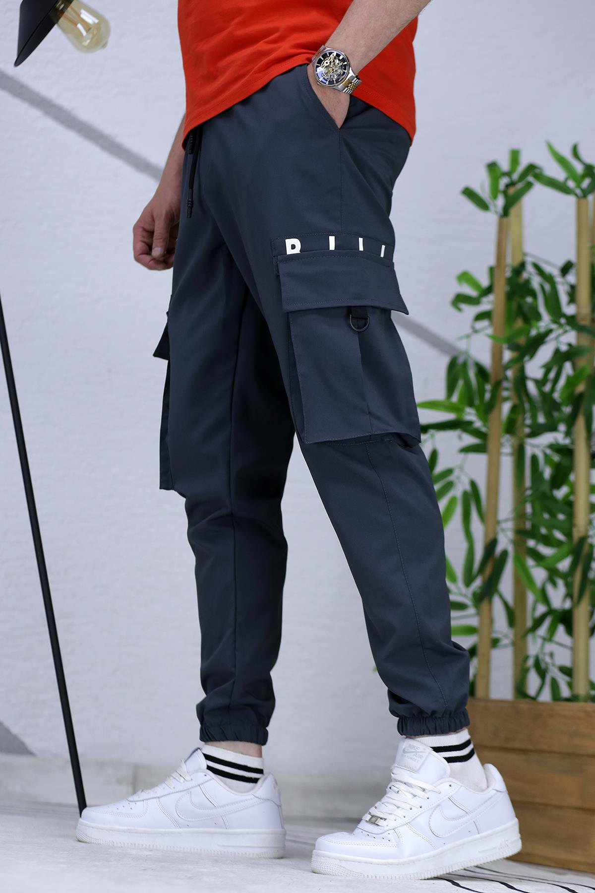 Erkek Paraşüt Jogger Paçası Lastikli Pantolon (DAR KESİM) - Füme