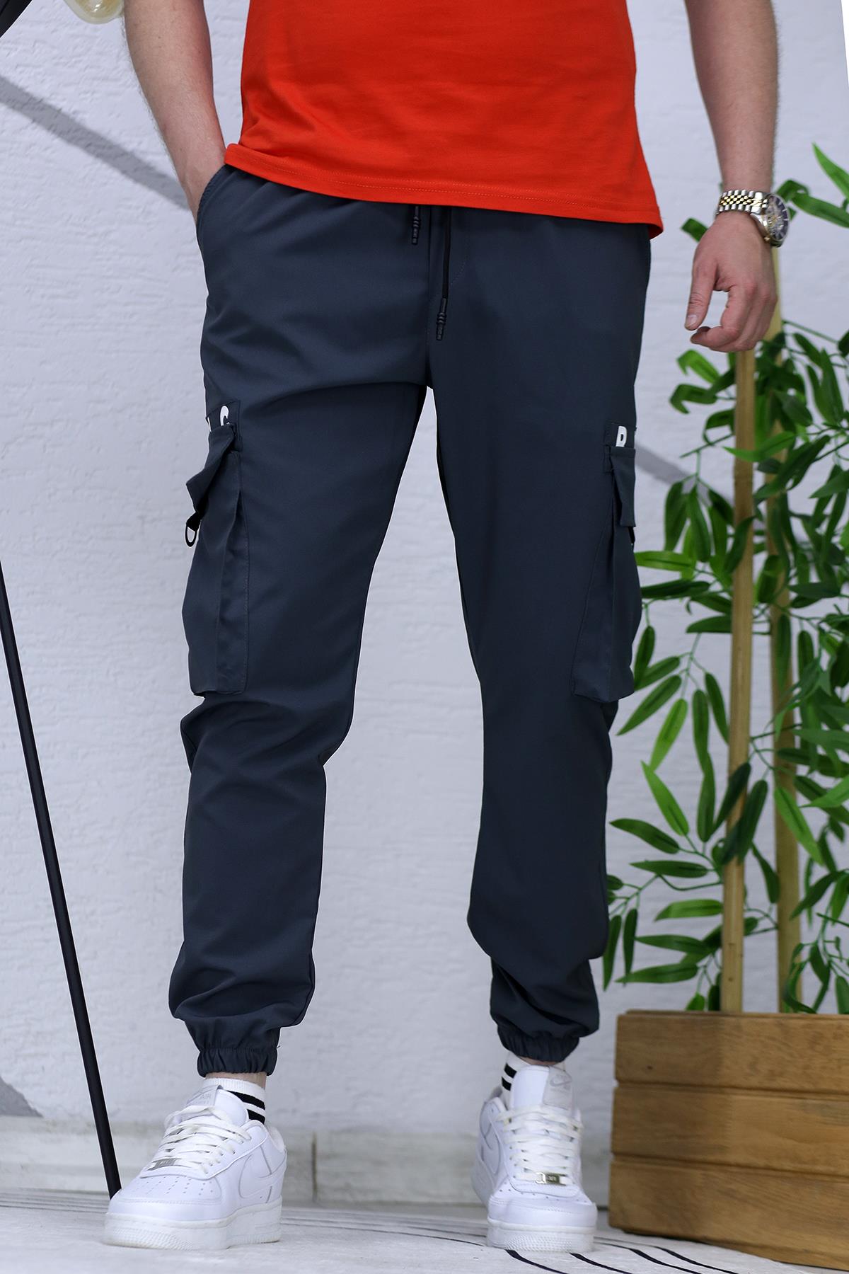 Erkek Paraşüt Jogger Paçası Lastikli Pantolon (DAR KESİM) - Füme